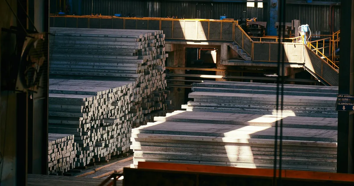 Stacks of square metal bars in a sunlit warehouse, bar stock supplied for machined parts such as 17-4 PH