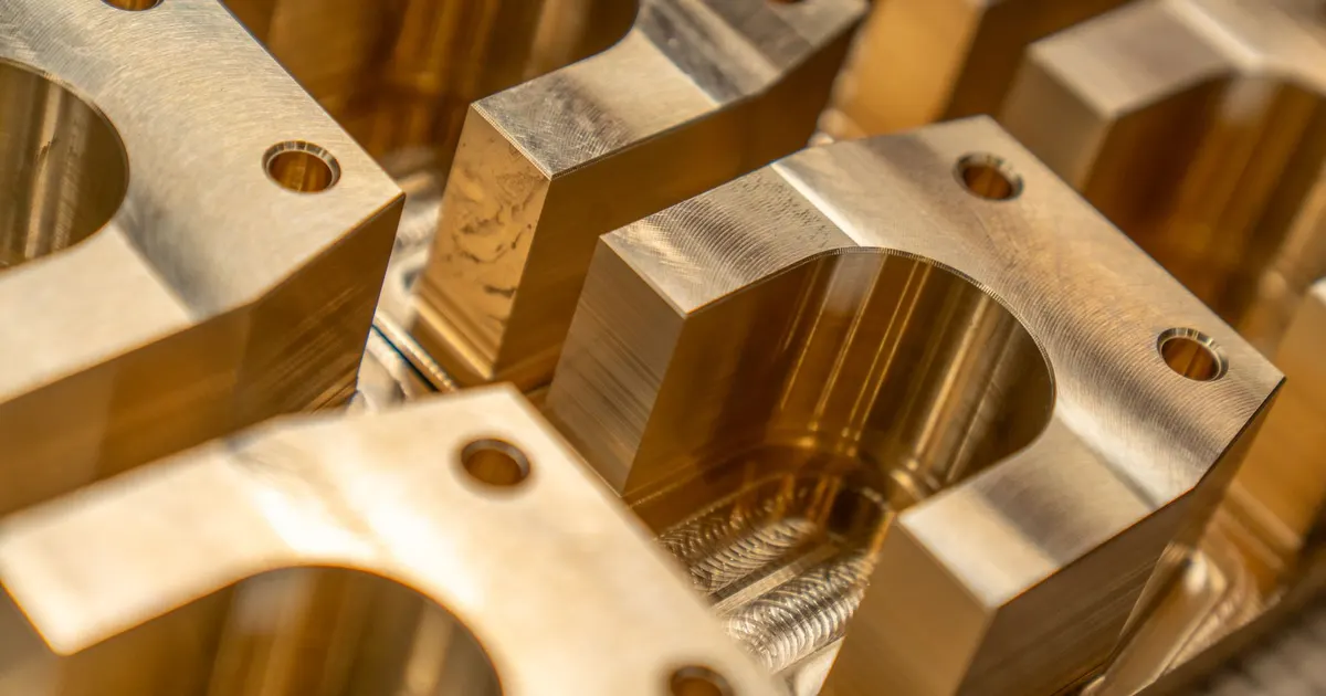 Close-up of golden-colored machined metal blocks with pockets and bolt holes, illustrating bronze-type machined hardware